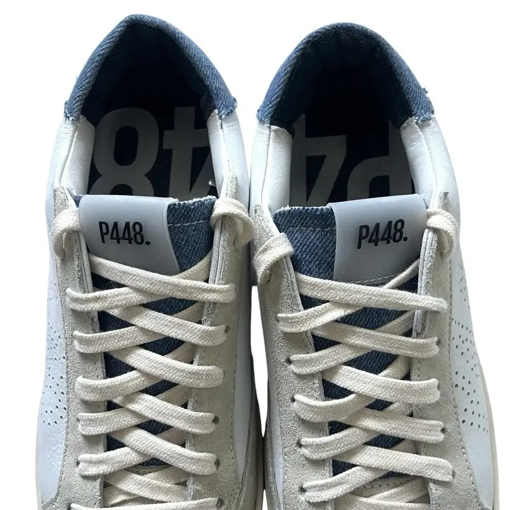 P448 John Denim Lace up Low Top Sneakers Women's White/Blue Round Toe Sz 38